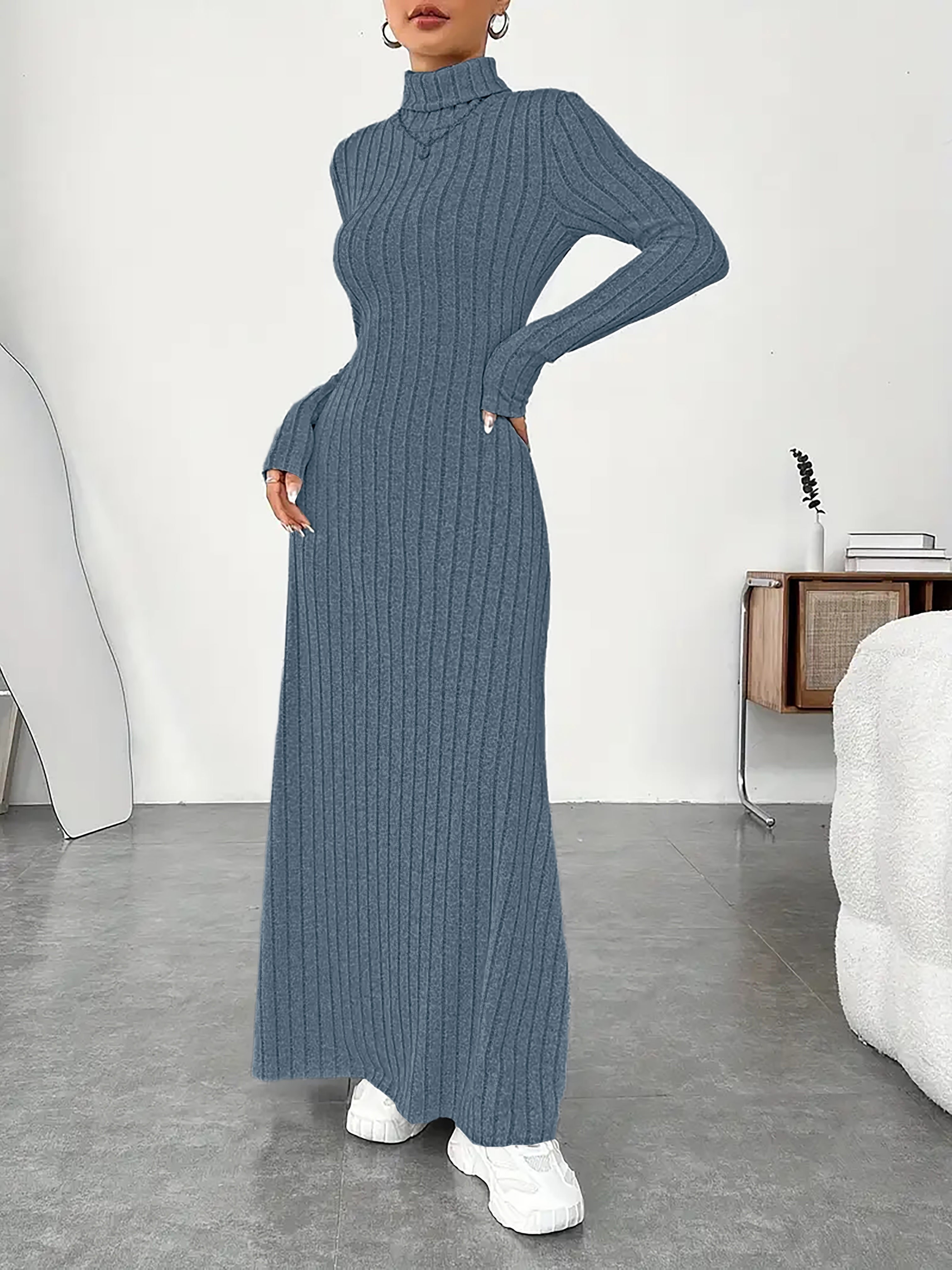womens elegant high neck long sleeve maxi dress solid color - Temu
