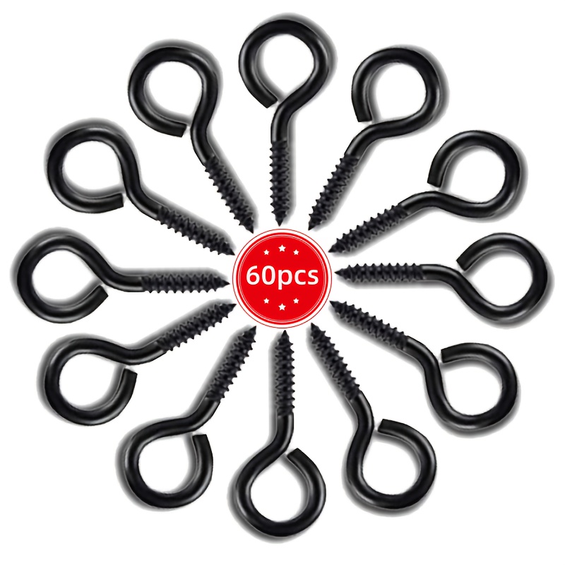 60 Pcs 1 Inch Small Screw Eyes Metal Screw Hooks Ring Screws Fasteners Hardware Tools Black