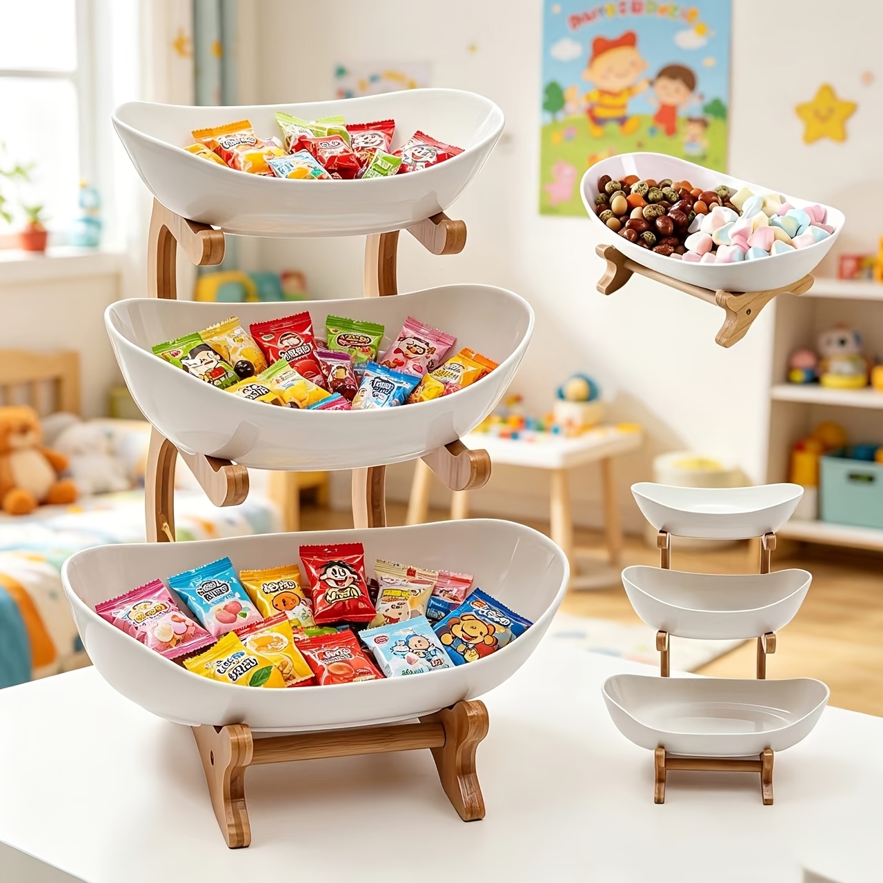 3 1 layer pallet rack   from wooden pallets and plastic bowls   used as storage racks for kitchen countertops saving space multi layer bowls for vegetables and fruits setting plates for fruit snacks and storing jewelry accessories