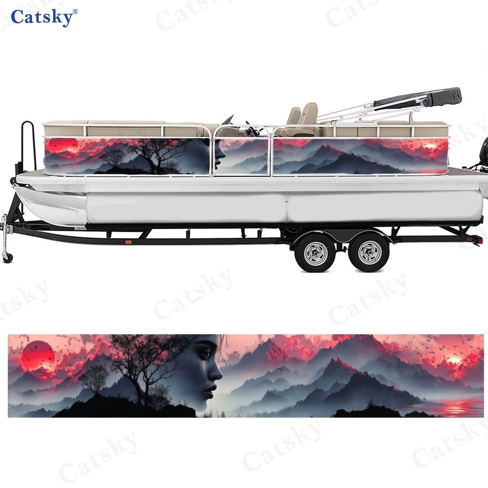 Vibrant Boat Wrap Film with Woman's Profile & Sunset Design