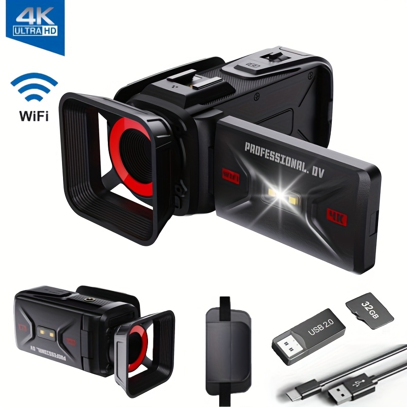 TEMU 4k Video Camera Camcorder, 64mp With 3" 270° Flip Screen, 18x Digital Zoom, Wifi And Webcam For Youtube, 32gb Sd Card, Built-in Rechargeable