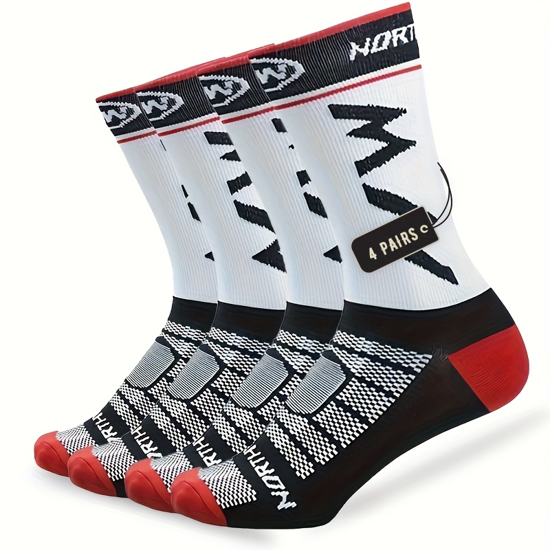 TEMU 4 Pairs Of Men's Mid-calf Sports Socks - Breathable, Moisture-wicking, And High-elasticity Socks For Cycling, Running, And Fitness, Featuring