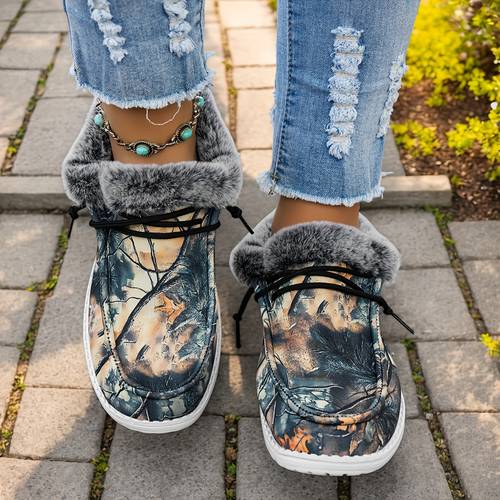 item picture womens shoes camouflage tree thickened autumn winter warm breathable anti slip solid pattern slip on round toe elastic lace easy on off flat sports loafers lightweight work shoes casual shoes women shoes