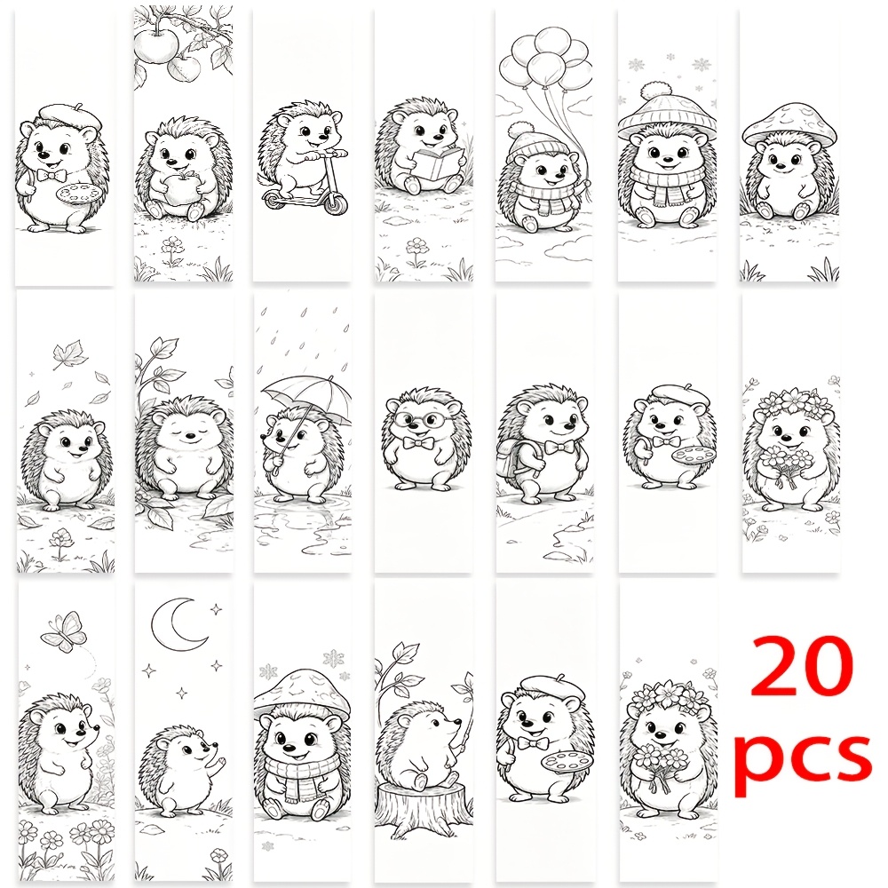 TEMU 20pcs Bookmark Set, Black And White Line Art, Cute Little Animals, Owl, Hedgehog, Cartoon, Nature, Hand-drawn, , Kawaii Style, 2d Printed