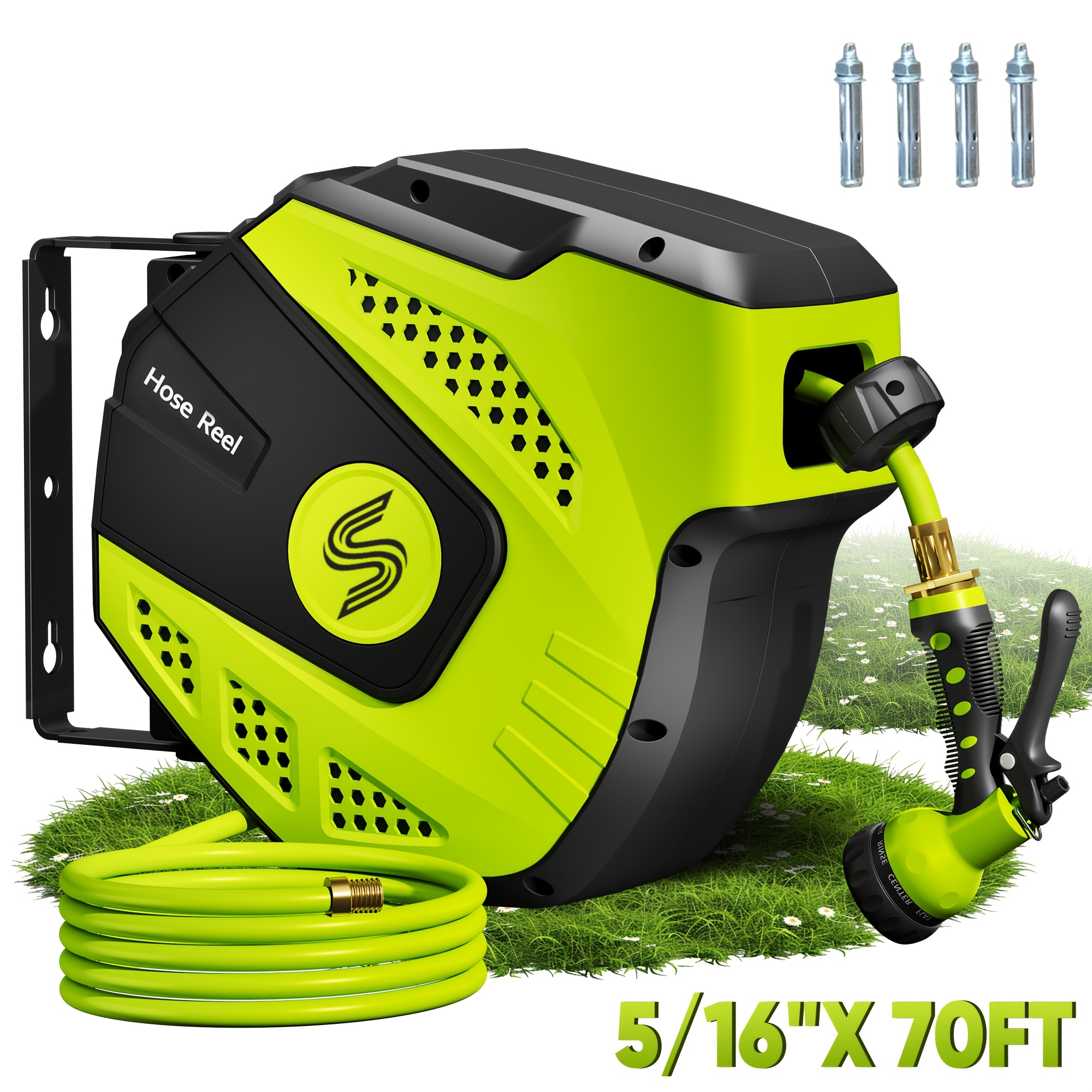 TEMU 1pc 40/70ft 1/2" Retractable Water Hose Reel | Heavy-duty Polycarbonate Wall Mount, Auto & Slow Return, 180° Swivel, Any Length Lock, 10 Spray