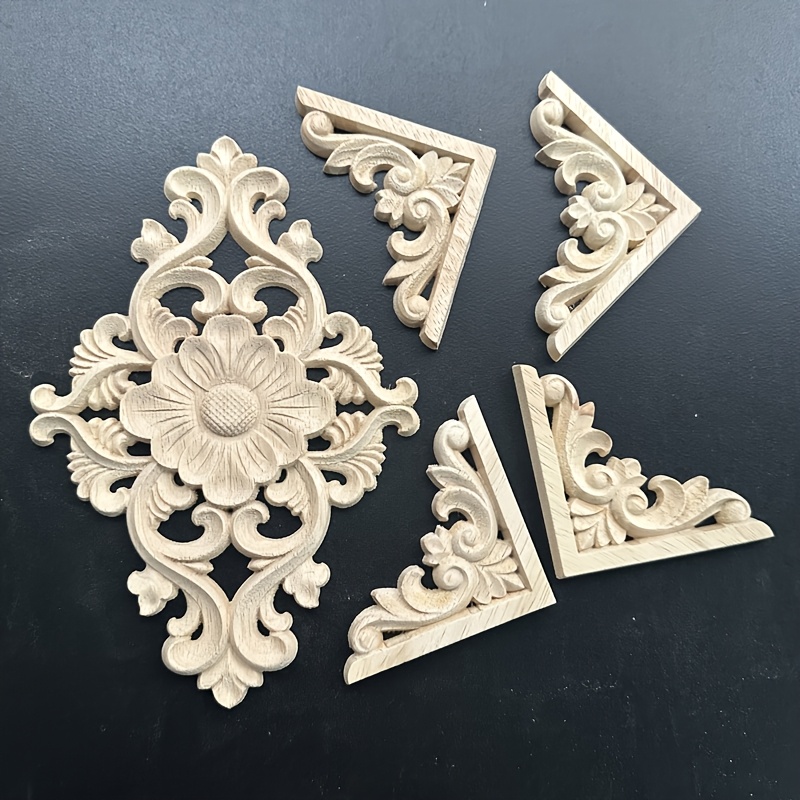 TEMU 5pcs Wood Carving Applique Set, Rubber Wood Hollow Carved Decorative Boards, Unfinished Decorating Materials, Suitable For Furniture, Walls,