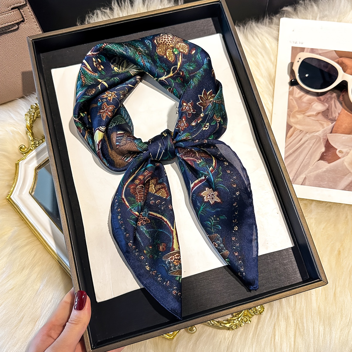 TEMU 1pc Vintage Bermuda Print Scarf - Navy Blue With Colorful Pattern, Bohemian Scarf For Women, Literary-inspired Styling And Cultural Journey,