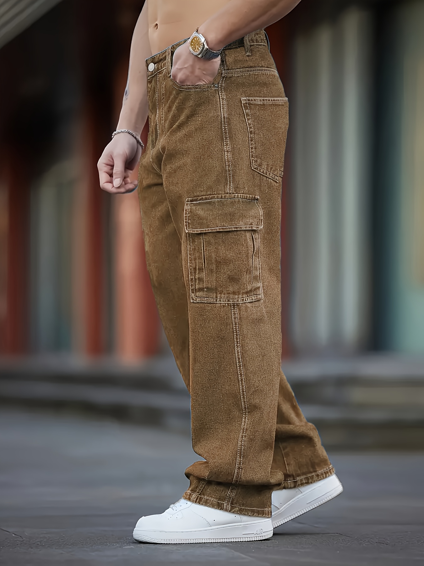 mens washed dark brown cargo jeans multi pocket - Temu Germany