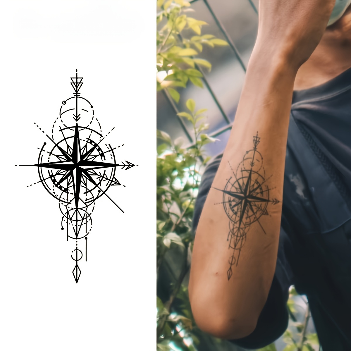 Image of Temporary Compass Tattoo Stickers - Non-allergenic Suitable For , No Glue Or Reflection, Easy Application Body Art With Realistic Needle Compass Design For Outdoor, Parties, Everyday Use