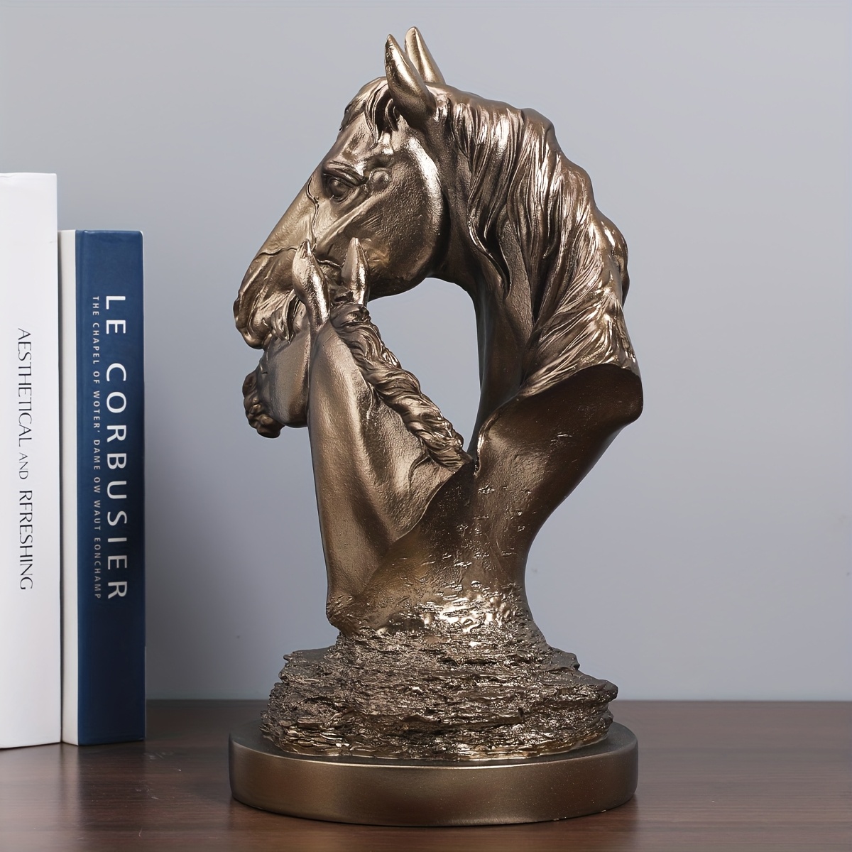 1pc Vintage Bronze Double-Headed Horse Statue Resin Crafts Decoration Home Desktop Porch Ornaments Minimalist Style Head Statue