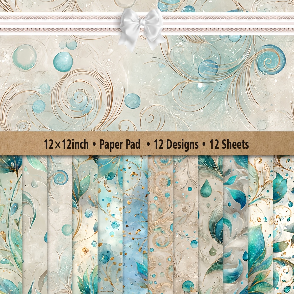 TEMU 12x12 Inch Scrapbook Paper Pad - 12 Sheets With 12 Suitable For Crafts, Card Making, Journaling | Vintage Blue & Teal Swirls, Feathers, Bubbles,