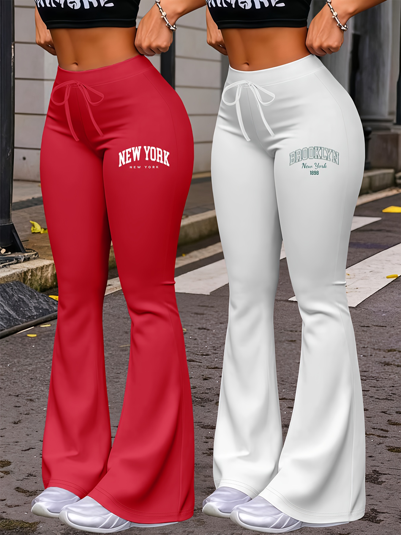 New Autumn Women's Clothing from Europe and America, NEW YORK & BROOKLYN Letter Print, Daily Casual Wear, Two-Pack of Comfortable Slim-Fit Stretch Tapered Straight-Leg Pants with Drawstring Waistband
