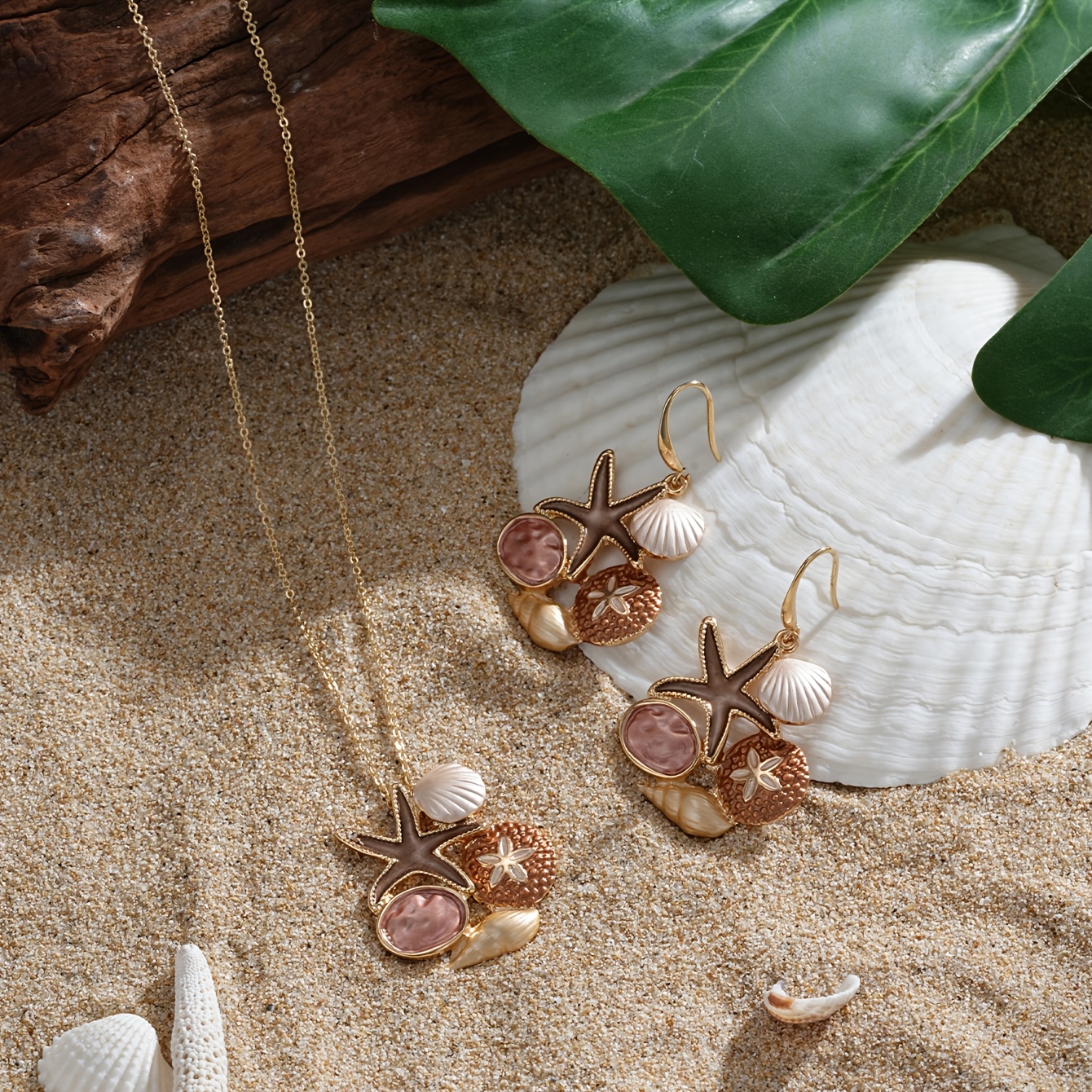 Ocean Themed Jewelry Set with Starfish Necklace and Earrings