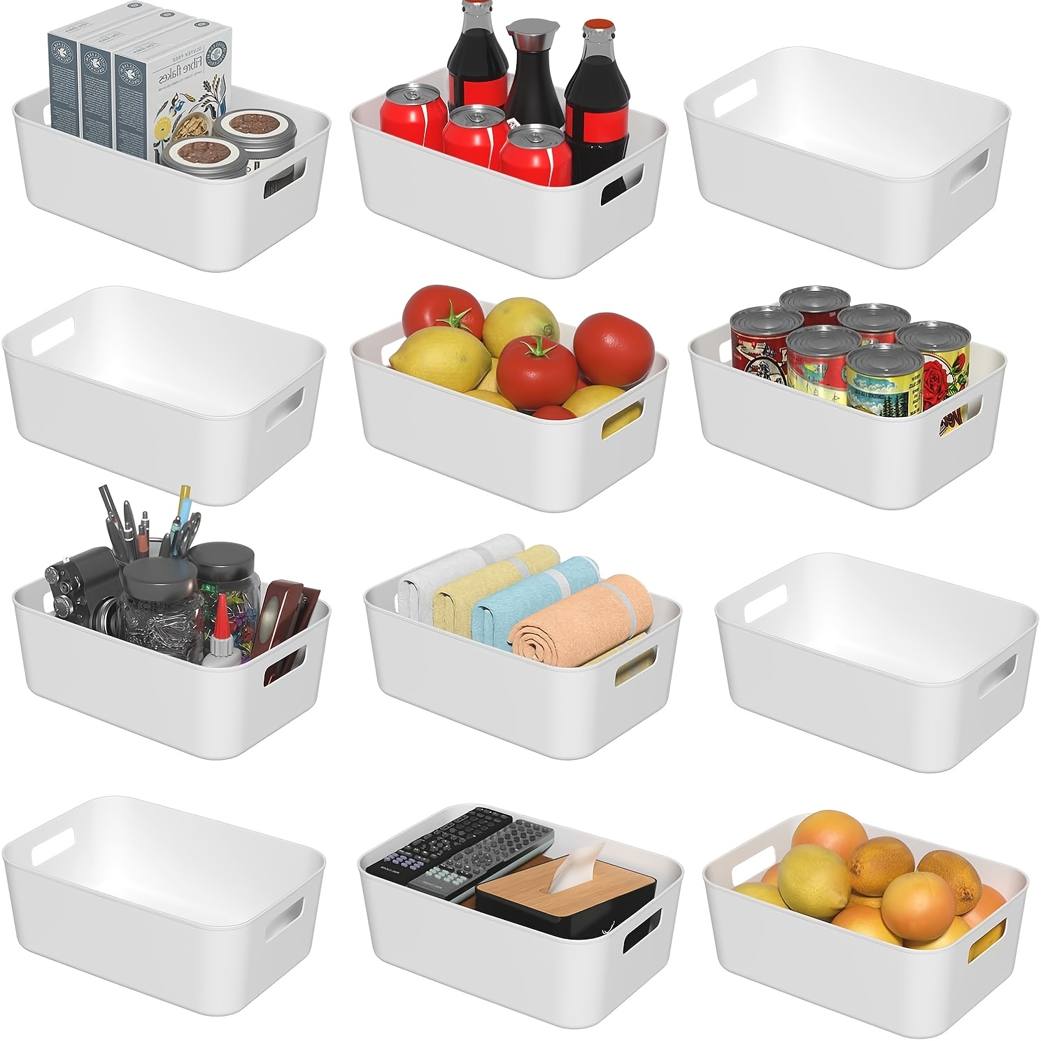 TEMU 12-pack Plastic Storage Boxes, White Organizer, Suitable For Cabinets, Pantries, Drawers, Wardrobes, Countertops, Or Shelves, Ideal For Storing