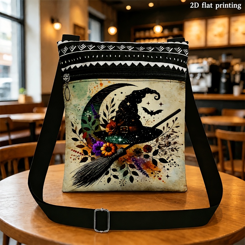 TEMU 1pc Of 2d Flat Crossbody Bag Suitable For Men And Women With Adjustable Straps And Zipper Closure, Vintage Halloween Hat & Broom Print Unisex