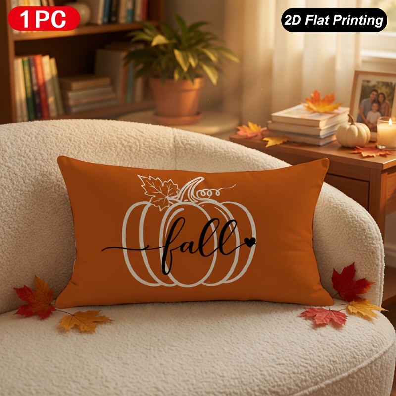 TEMU Housse de coussin lombaire d'automne 1 pièce, impression 2D à plat, contour orange avec citrouille d'automne, pour intérieur/extérieur, ferme,