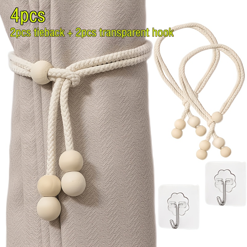 TEMU 4pcs Set Of Wooden Bead Curtain Ties- Adjustable Tightness, Exquisite And Simple Curtain Organizer- Small Home Curtain Accessory- Suitable For