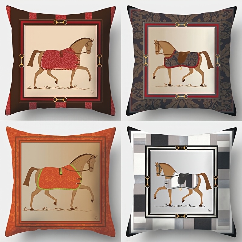 

4-pack Mid-century Horse Print Pillow Covers, 17.7x17.7 Inch, Machine Washable, Zippered Polyester Decorative Cushion Cases For Living Room Sofa - Woven, Equestrian Themed Decor