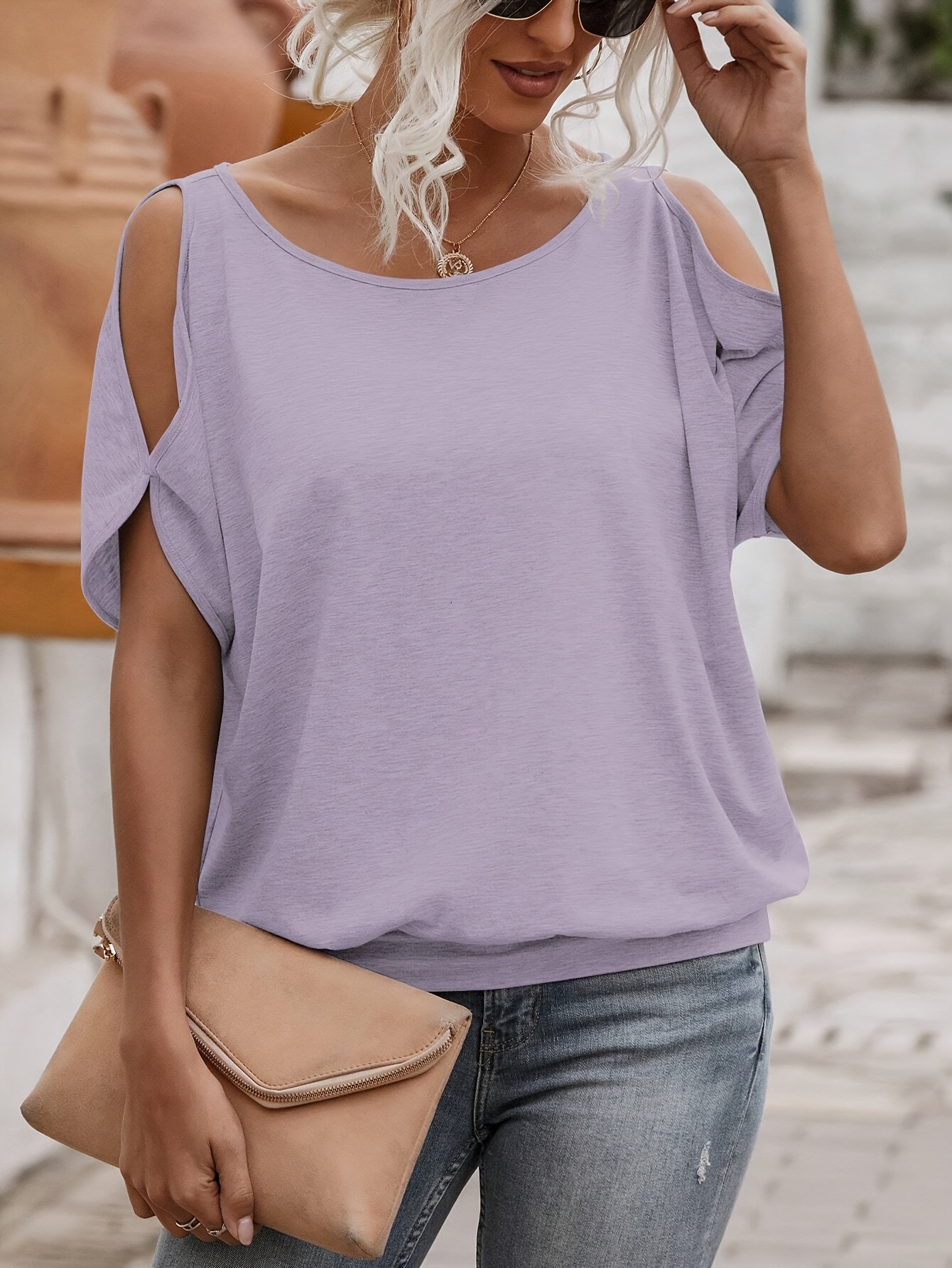 Women'S Light Blue Casual Crew Neck Short Sleeve T-Shirt with Tie-Back Detail - Soft Polyester Summer Top for Casual Attire, Ladies T Shirts
