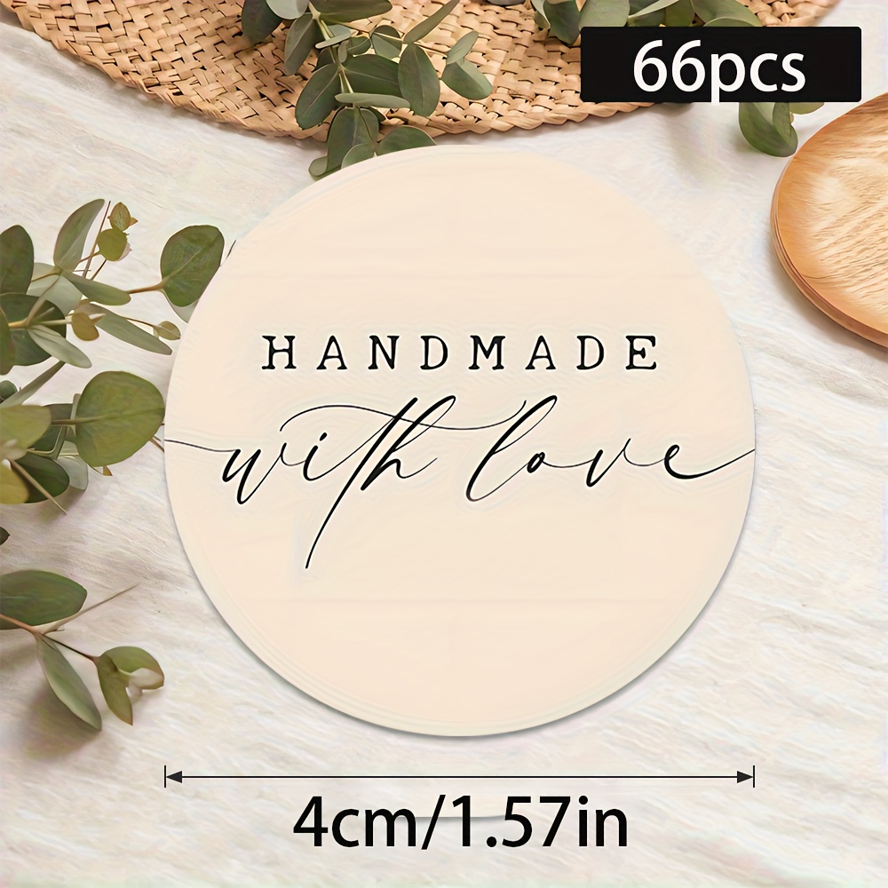 Image of 66pcs Handcrafted Heart Stickers - Elegant Text, Embedded In Pale Circles, Vintage Party Decor, Crafts, Gift Wrapping, Small Business Branding, Expressing Emotions, Gift Wrapping Supplies