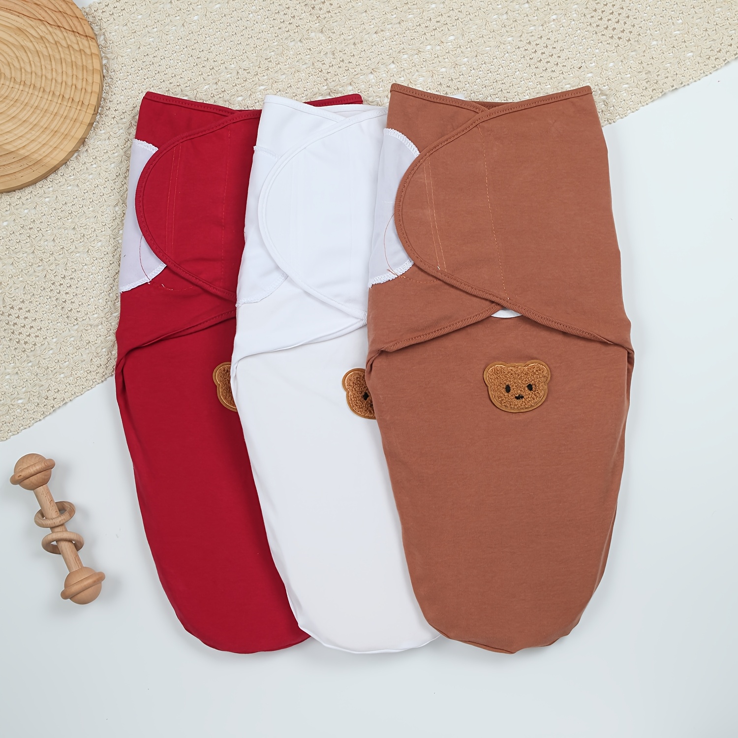 3pcs Baby Pure Swaddle Set, Bear Applique Design, Soft And Comfortable, Suitable for 0-3 Month Old Babies, Baby Swaddling Blanket, Universal for All Seasons, Newborn Supplies