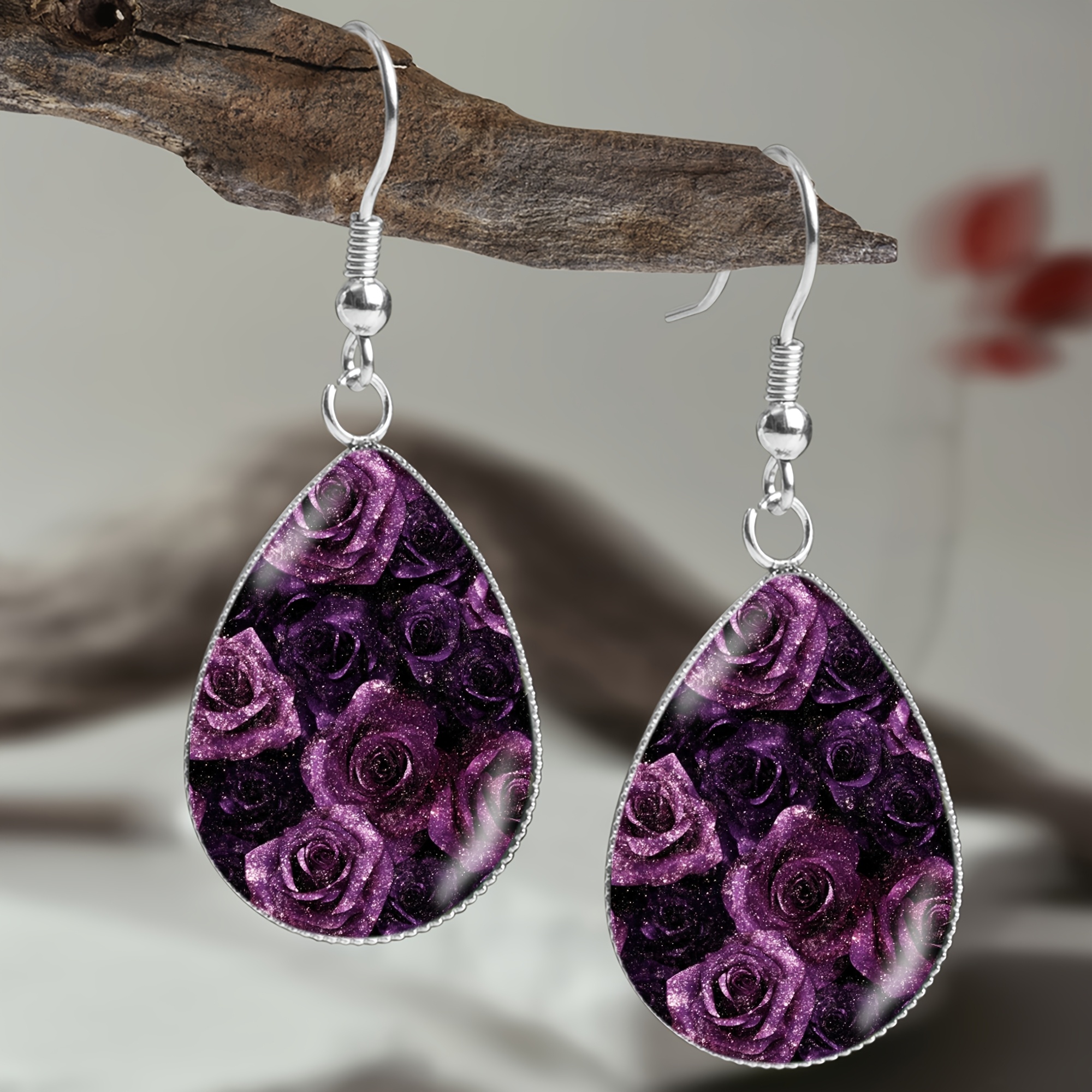 Deep Purple Gradient Rose Pattern Teardrop Earrings