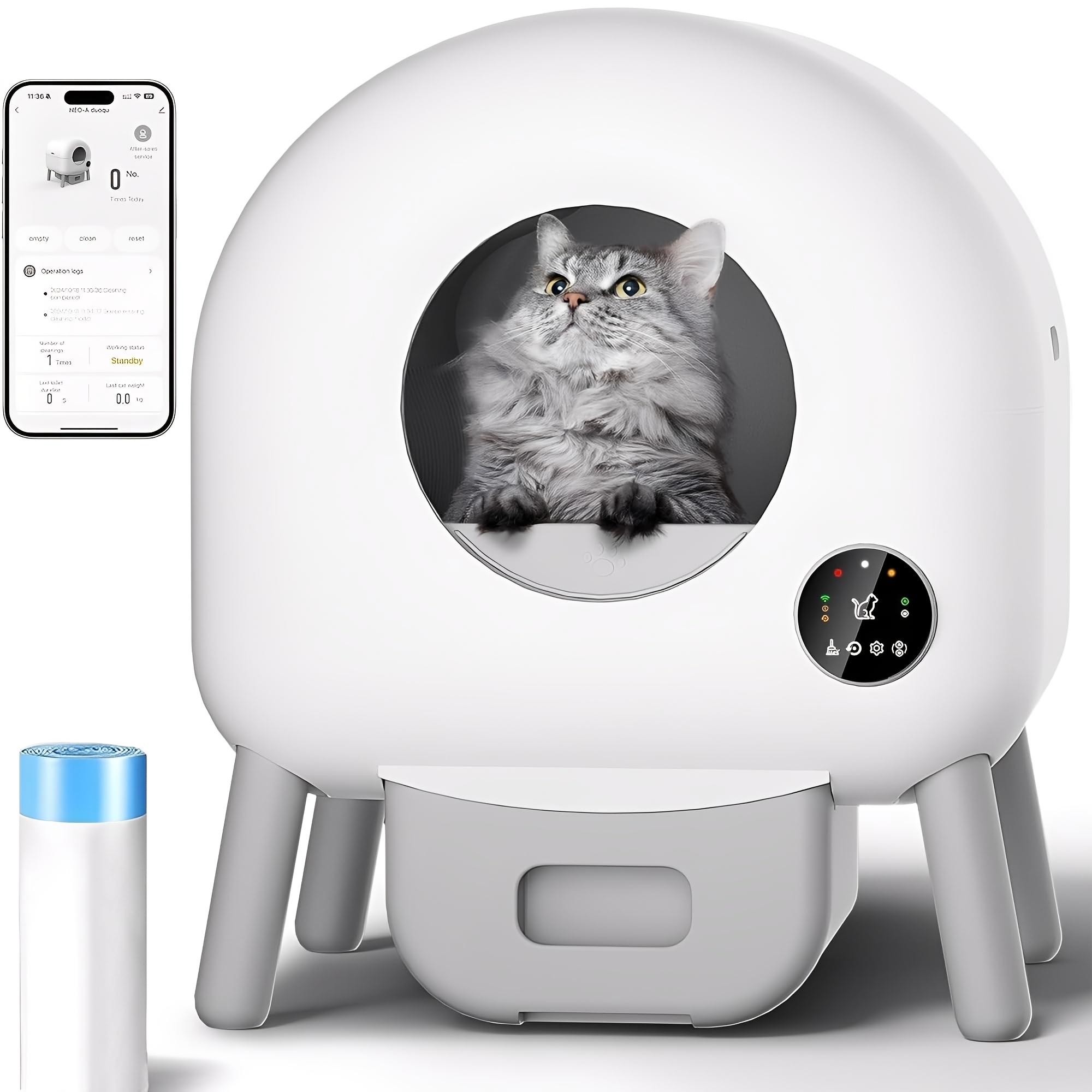 Cat Litter Box 76l Large Capacity- Control, Cleaning, Multi-litter Compatible & Touch Panel, Includes 1 Pack Of Garbage Bags, Without Battery