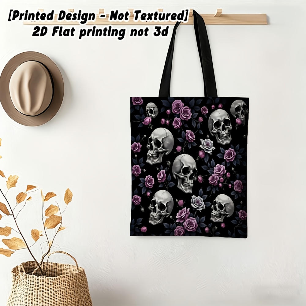 TEMU Sac à bandoulière 2D à impression plate, pas 3D pour femmes, motif crâne et rose, sac à main multifonctionnel, réutilisable, adapté aux voyages