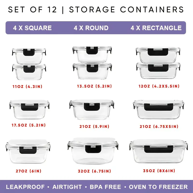 set of 24 12 lids 12 glass bowls with airtight lid glass food prep container for lunch kitchen storage container sealed reusable ideal for storing the microwave refrigerator dishwasher and camping black grey Product details 5