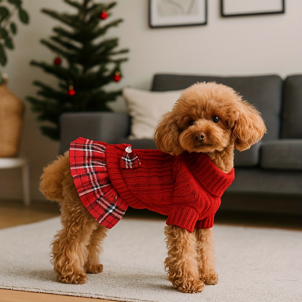 TEMU Red Knitted Sweater Dress For Small Dogs Featuring A Bowtie Turtleneck, Designed For Winter Wear With A Leash Hole, Perfect For Breeds Like Chihuahuas, , , And Bichons
