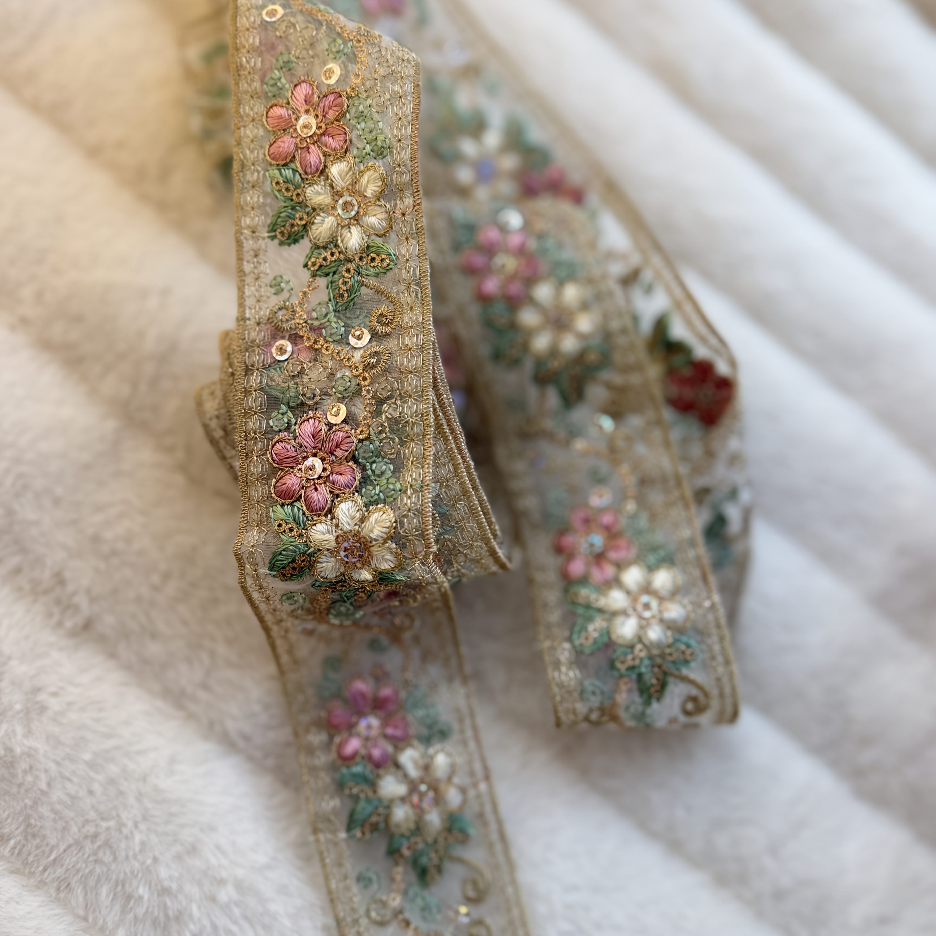 TEMU 1pc 1.72m Wide 4.5cm Wide Multicolor Floral And Sequin Embroidered Organza Trim - Ethnic Style Fabric, Suitable For Clothing, Additions, Bags,