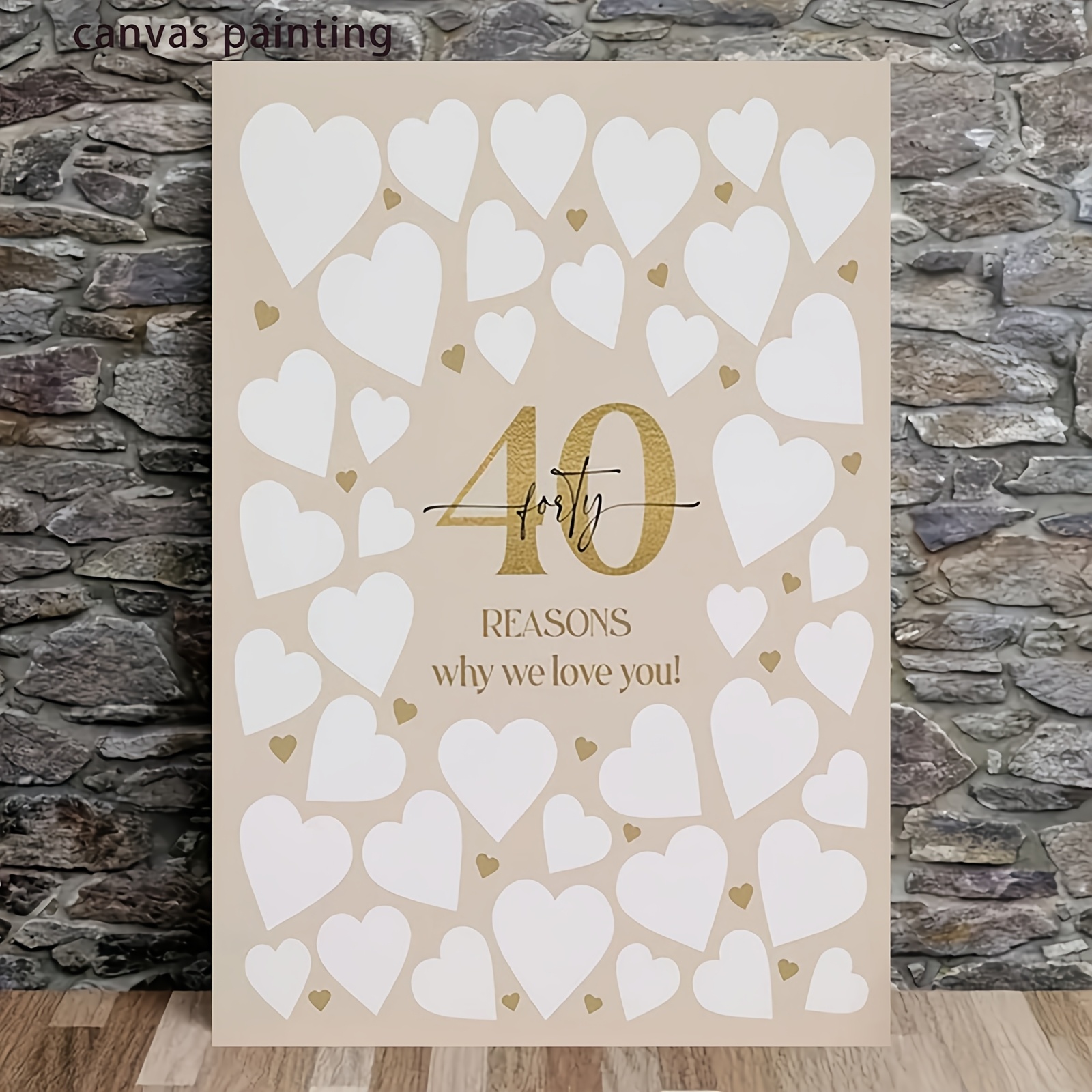 TEMU Affiche d'anniversaire de femme de 40 ans, design plat 2D, peinture sur toile plate 2D, badge doré d'anniversaire de 40 ans de "40 raisons de