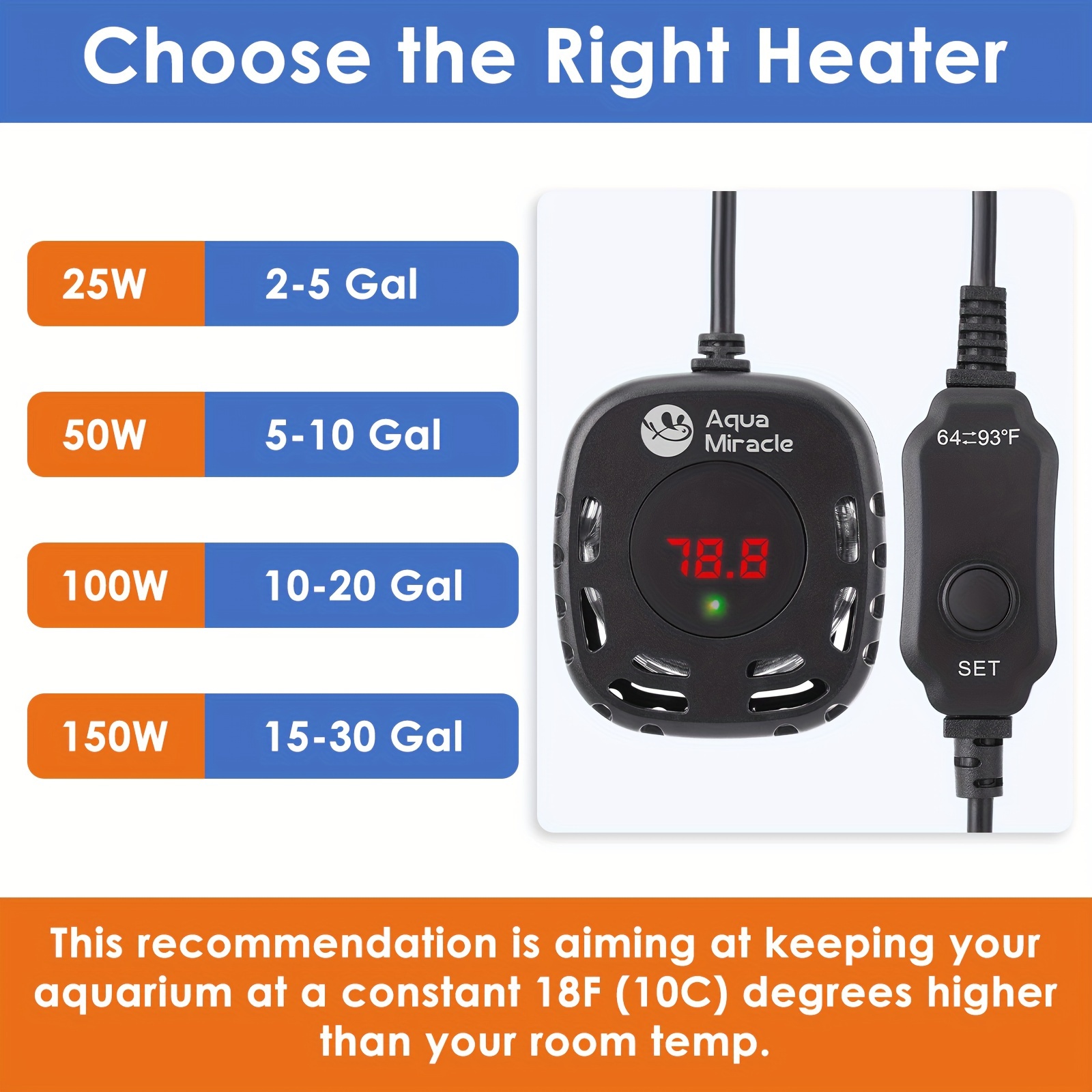 TEMU Aquamiracle Adjustable 25/50//150w Mini Aquarium Heater Submersible Fish Heater Turtle Heater Small Aquarium Heater, With Led Digital Display, For Tanks 2-5/5/10/15-30 Gallons