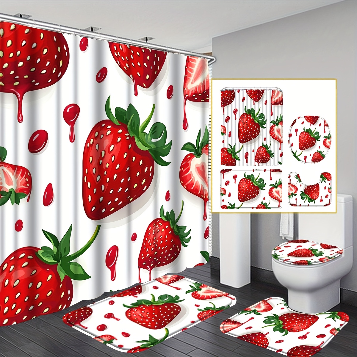 TEMU 4pcs Strawberry Shower Curtain Bathroom Sets Full Set, High Quality Shower With 12 Hooks, Machine Washable, Non-slip Bathroom Rug, Toilet Mat,
