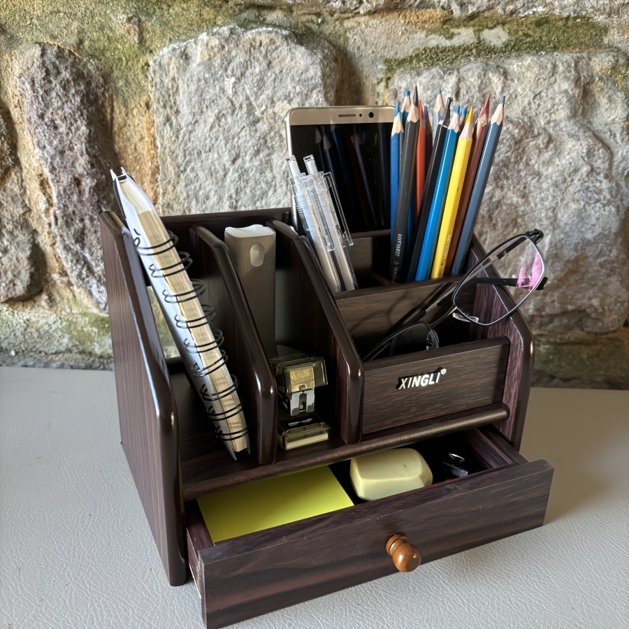 

Vintage Wooden Desk Organizer With Large Drawer, Multifunctional Storage Caddy For Office Supplies, Pencil Holder, Makeup Brushes, And Office Desk Accessory For Gifting