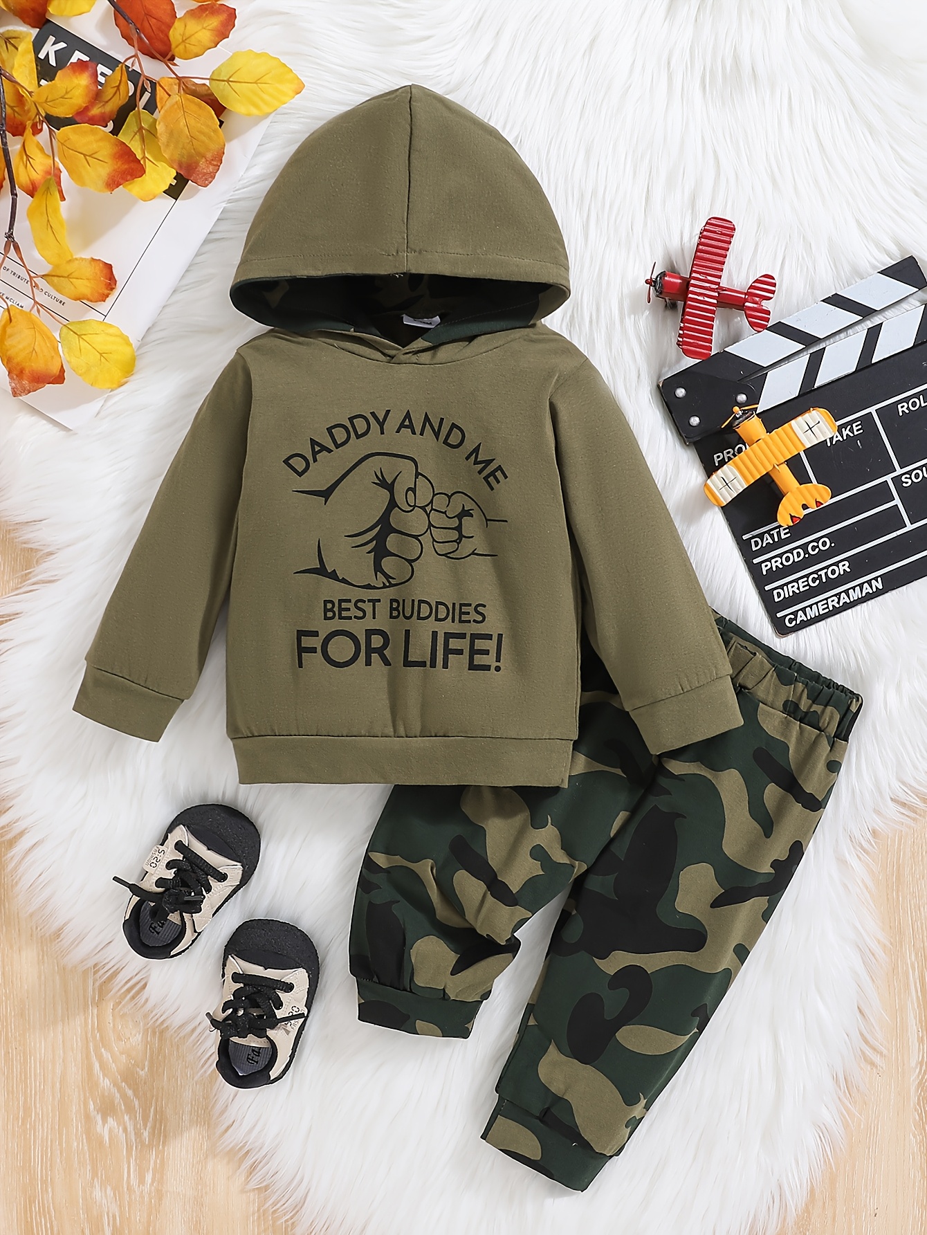 2pcs Boys Dad and Me Letter and   Print Hooded Long Sleeve and Camouflage Pants Casual Set,   Outdoor