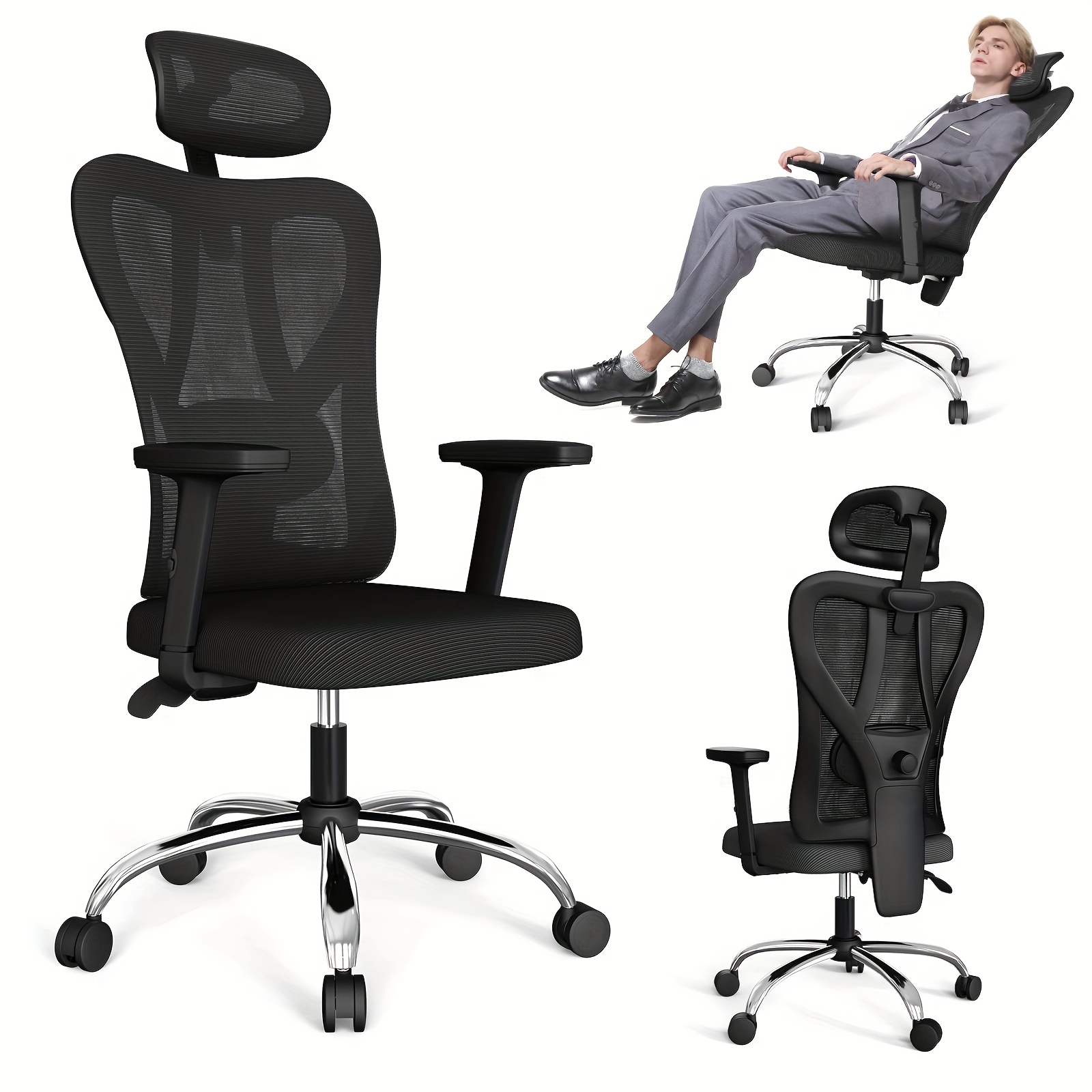 Office Chair, Ergonomic Office Chair, Swivel Chair, Adjustable Lumbar Support, Comfortable Backrest, Headrest And Armrests, Height Adjustment And Rocking Function, Max. Load Capacity 200 Kg Black