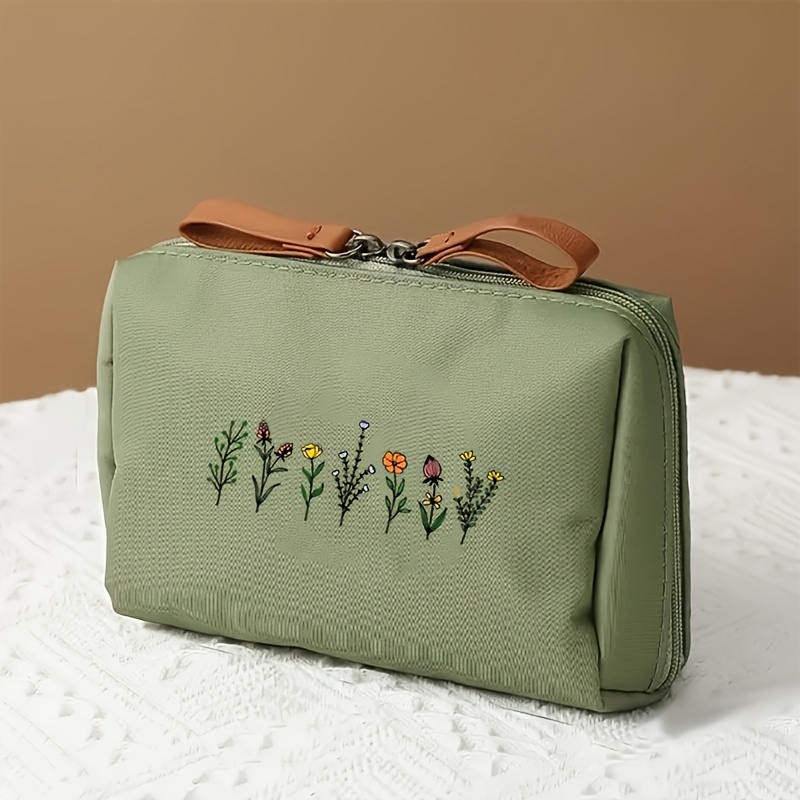 TEMU Hand-painted Sage Green Cosmetic Bag - Portable Suitable For Commuting & Travel, Compact Floral With Aesthetic, For, Bestie Outfits,, Gym -