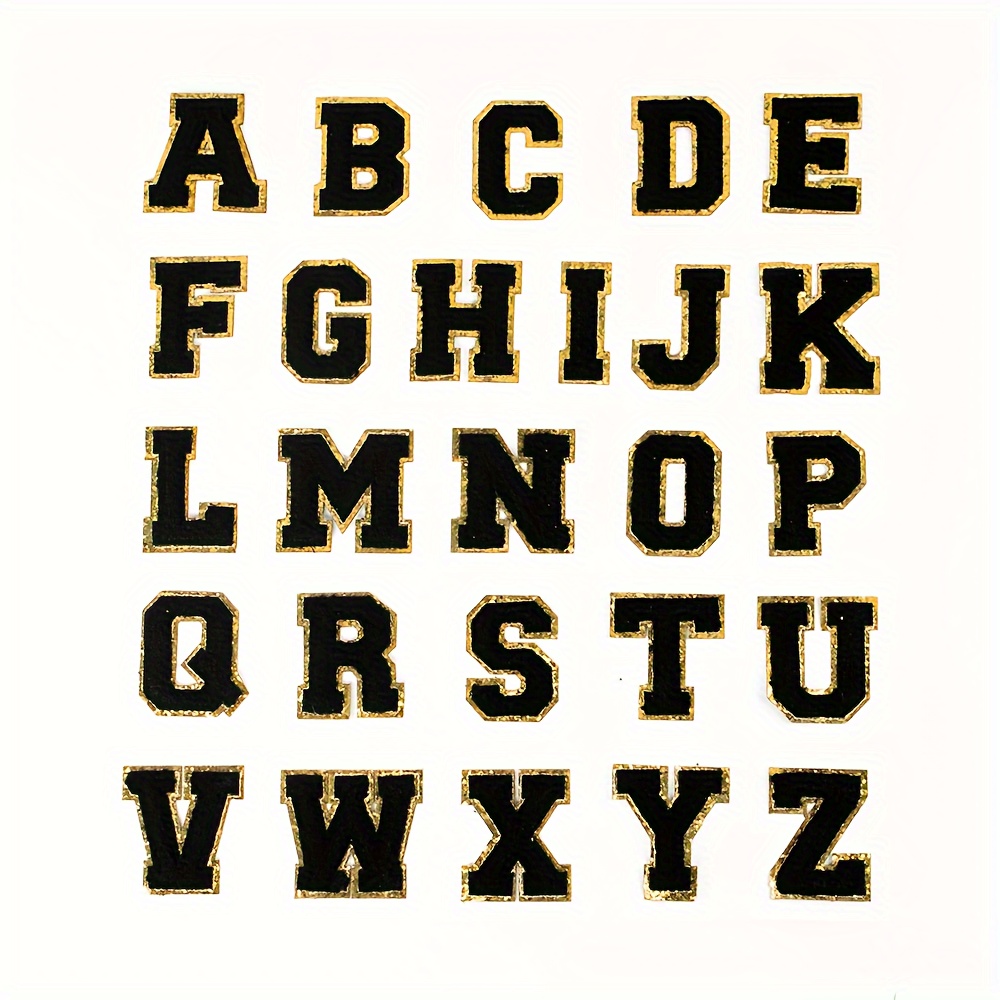 

26pcs/52pcs Black And White Chenille Embroidered Golden Edge Alphabet Letters Appliqué Patches For Clothing, Hats, Bags, Diy Decorative Fabric Adhesive