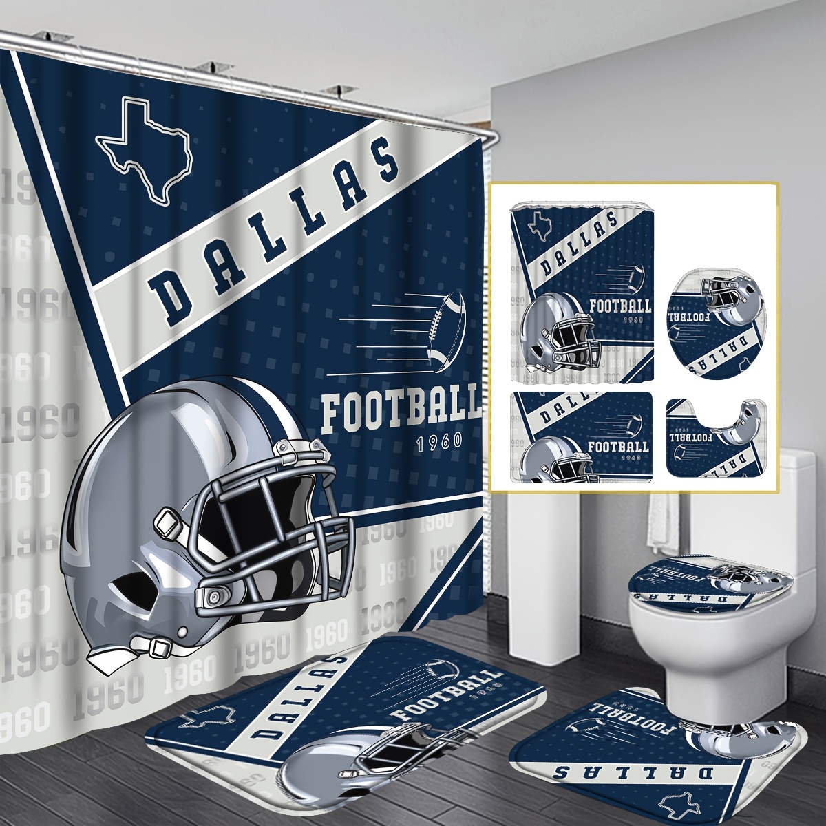 TEMU 4pcs Football Helmet Shower Curtain - Dallas Team Gift Bath Curtain- Machine Washable Bath Drape With Hooks, Football Helmet-printed Accessory For Bathroom