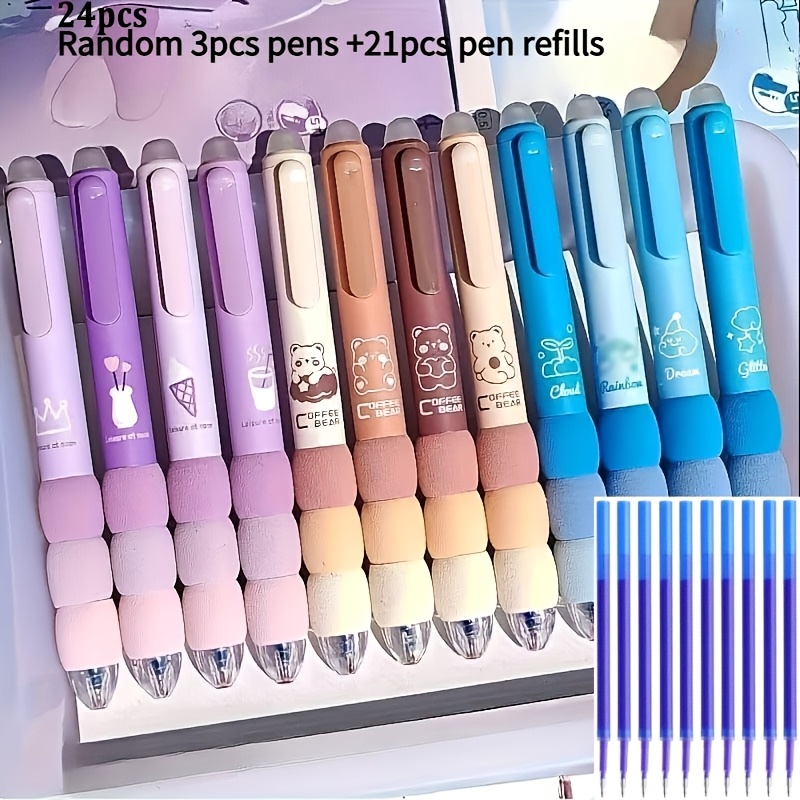 TEMU 24pcs Cute Cartoon Gel Pens Set(3 Pens + 21 Refills), , Press-button 0.5mm Fine Tip, Random 3pcs Pens And 21pcs Refills, Black Ink - And Food