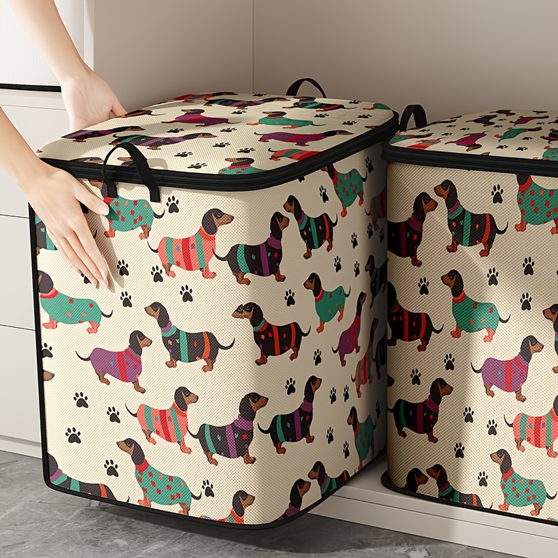 TEMU 1pc Large Capacity Clothes Storage Bag With Lid, Striped Puppy Pattern, Foldable Wardrobe Organizer, Sturdy Zippered Laundry Container For