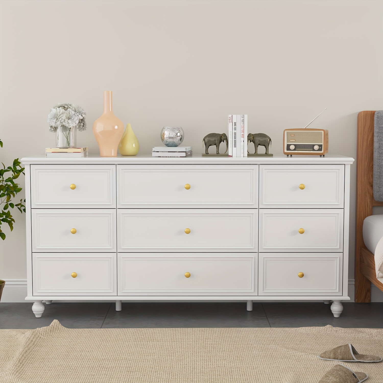 

Elegant White Dresser With Dark Top - Classic 9-drawer Storage Cabinet