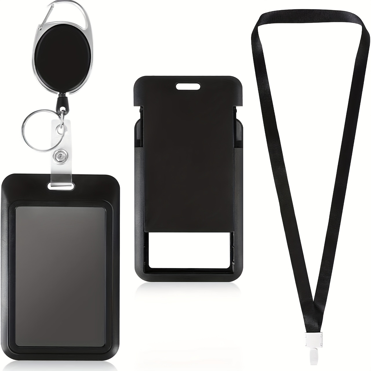 

3pcs Black Badge Holders With Retractable Reel And Card Holder, Plastic Id Case For Office, School - Ideal For Employee Id, Credit Cards, Key Cards, License - Includes Lanyard