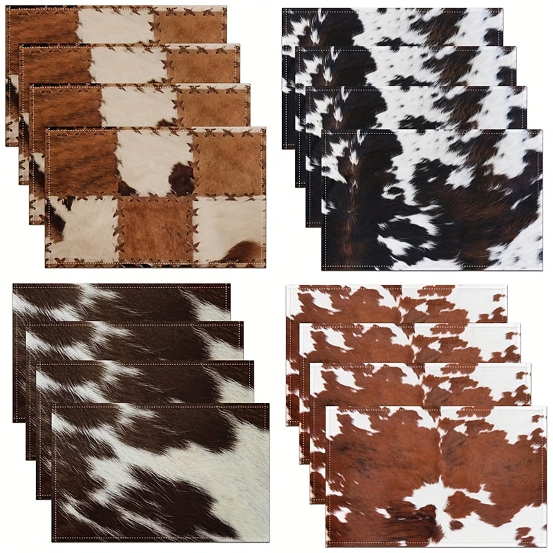 

4pcs, Table Pads, Cow Printed Placemats, Brown & White Polyester Patchwork, Wipeable Farm Animal Dining Table Mats, Western Cowboy Farmhouse Kitchen Decor