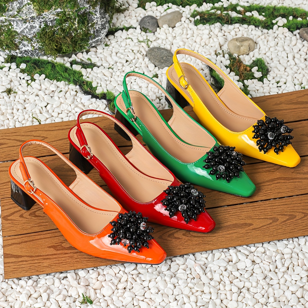 

Women's Fashion Slingback Heels, Stylish Embellished Pointed-toe Pumps With Chunky Heel, Colorful Selection For Party And Casual Wear