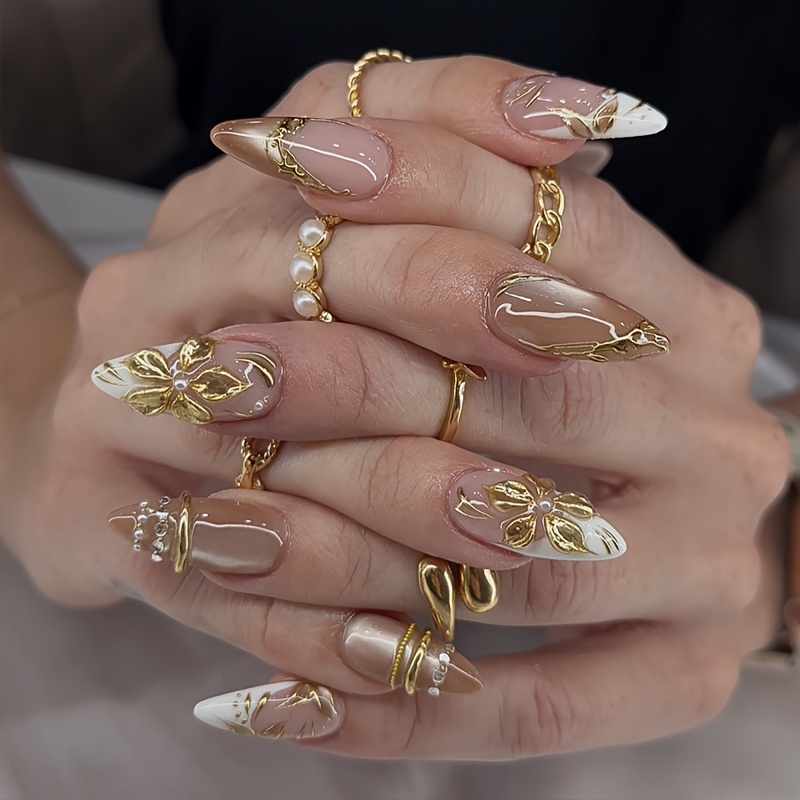 TEMU 10pcs Almond False Nails, 3d Gold-plated Nails, Wearable Nails, Metallic Style False Nails, Manicure, Removable False Nails