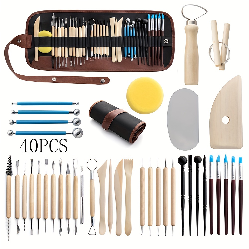 40-Piece Ceramic & Pottery Tool Set - Wood Material Crafting & Sculpting Kit with Carving Knives, Needle Tools, Silicone Pens & Accessories - Uncharged Manual Instruments for Clay & Pottery Art