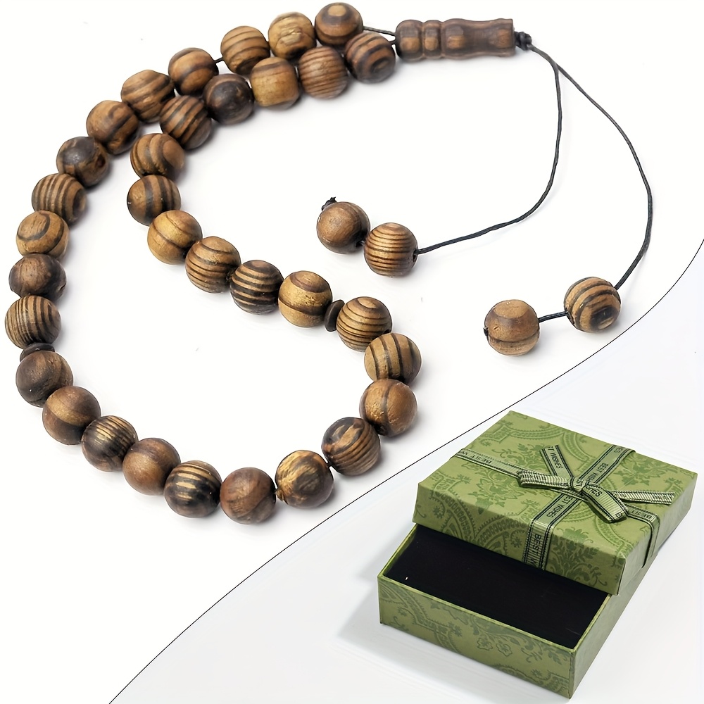 TEMU 33pcs 12mm Brown Wooden Bead Bracelet Misbaha Tasbih - Handmade Bracelet With Tassel Pendant For And Dhikr Recitation - Ideal Eid, Ramadan Gift