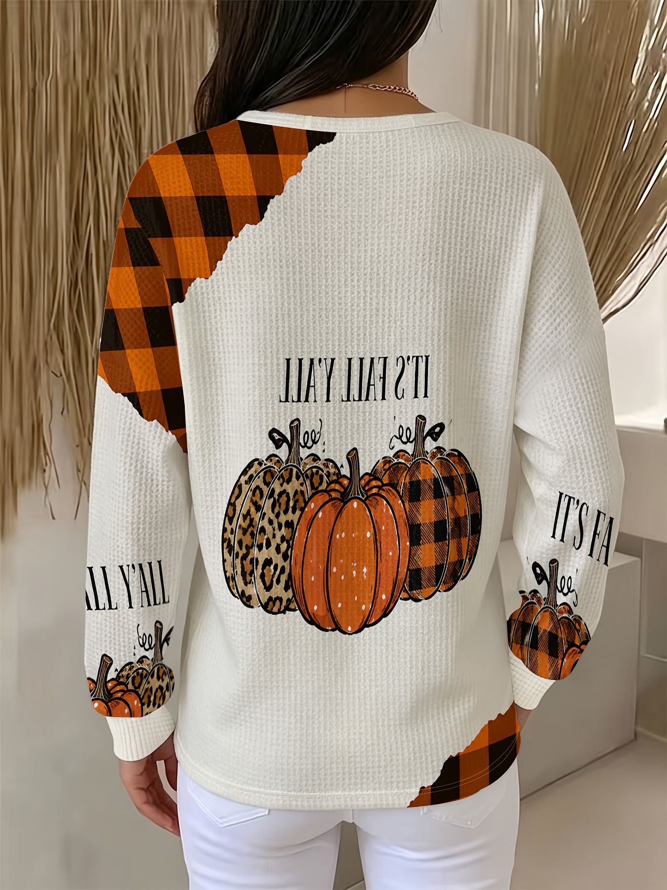 womens waffle henley collar button up long sleeve top autumn pumpkin   leopard print pumpkin   pullover